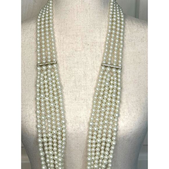 Chicos Multi Strand Pearl Tone Necklace w/ Crystal Bars Statement 38” - Picture 4 of 14